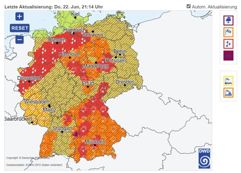Amtliche Unwetterwarnung Nacht vom 22. auf 23.06.2023