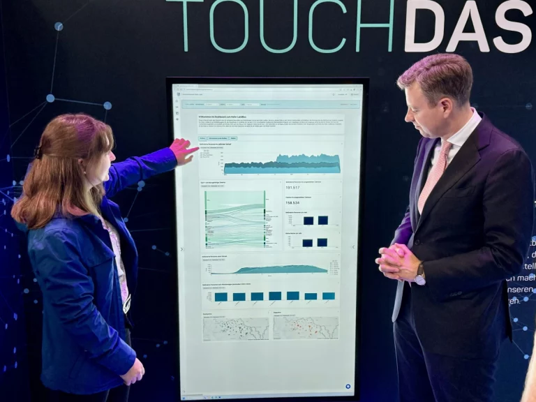 Frau und Mann betrachten Datenanalysen auf Touchscreen-Bildschirm des Innovationsraums