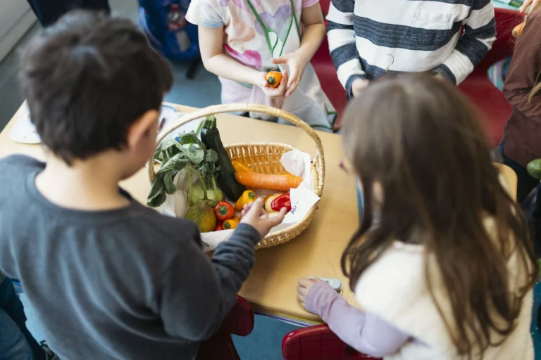 Kinder begutachten einen Korb mit frischem Obst und Gemüse im Klassenzimmer
