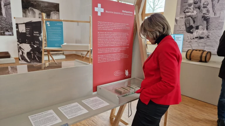 Frau in roter Jacke betrachtet Vitrine zur Stallapotheke in der Museumsausstellung