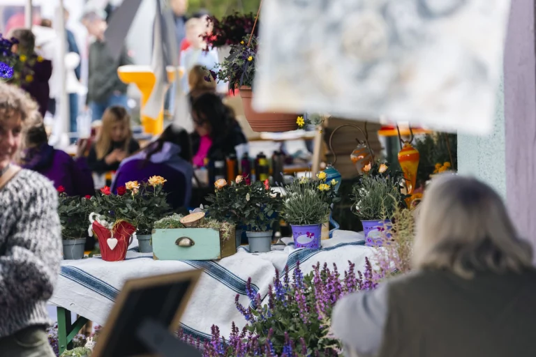 Verkaufsstand mit Blumentöpfen, Kräutern und Dekoartikeln, im Hintergrund Besucher