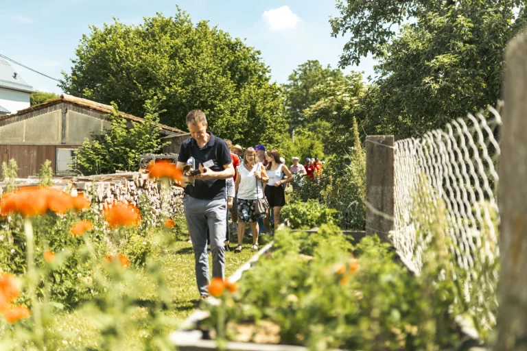 Gruppe bei einer Dorfbegehung mit Blumenbeeten entlang eines Weges
