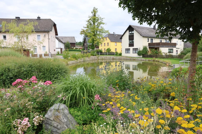 Wohnhäuser mit Garten, Teich und blühenden Staudenbeeten im Dorf