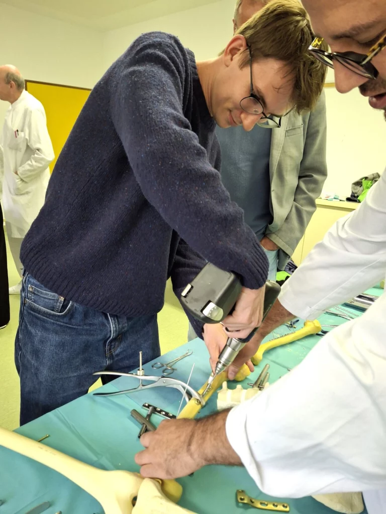 Mehrere Personen üben an einem OP-Modell mit chirurgischem Werkzeug den Umgang mit Implantaten