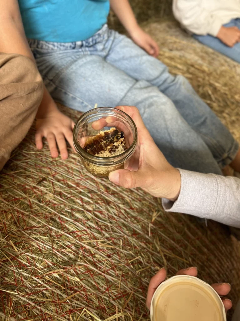 Hand hält ein Glas mit Honigwabe über einem Strohballen, im Hintergrund sitzende Kinder